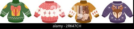 Fête de chandail laid. Collection Joyeux Noël avec des pulls drôles. Grand ensemble avec chandail de vacances de falt dessiné à la main - ours, cerf, boîte-cadeau et flocon de neige Illustration de Vecteur