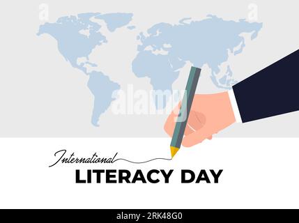 Affiche de bannière de la journée internationale de l'alphabétisation avec carte du monde et écriture à la main sur fond gris blanc. Illustration de Vecteur