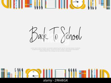 Retour à l'éducation de fond avec livre d'équipement d'étude, stylo, horloge isolé sur fond blanc. Illustration de Vecteur