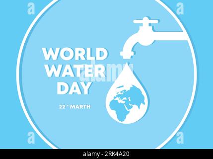 Fond de bannière d'affiche de jour mondial de l'eau avec robinet et carte du monde sur la couleur bleue. Illustration de Vecteur
