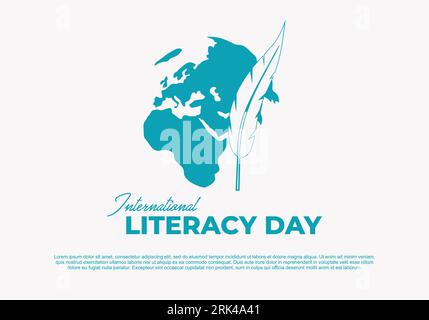 International literacy day banner poster with world map and feather on white color background. Stock Vector