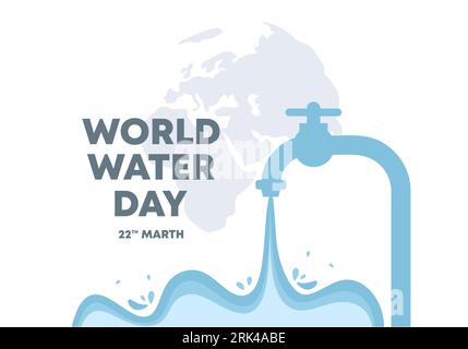 Fond de bannière d'affiche de jour mondial de l'eau avec robinet et carte du monde sur la couleur blanche. Illustration de Vecteur