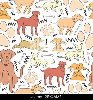 Motif sans couture dessiné à la main de chiens mignons isolés sur fond blanc. Illustration de Vecteur