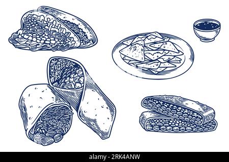 ensemble de dessin à la main de gravure de nourriture mexicaine isolé sur fond blanc. Illustration de Vecteur