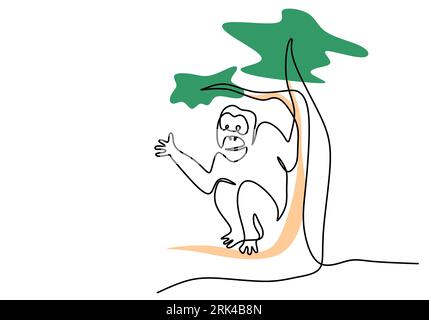 Une seule ligne continue d'orang-outan assis sous l'arbre pour la journée internationale d'orang-outan isolé sur fond blanc. Illustration de Vecteur