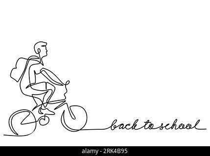 Une seule ligne continue dessinée à la main de l'homme faisant du vélo pour le thème de la rentrée scolaire isolé sur fond blanc. Illustration de Vecteur