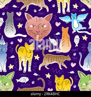 Motif sans couture dessiné à la main d'éléments de chat dans le style enfantin sur fond bleu. Illustration de Vecteur