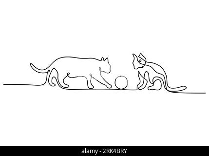 Une seule ligne continue de chat jouant au ballon pour la journée internationale des chats isolé sur fond blanc. Illustration de Vecteur