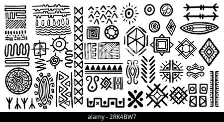 Forty eight tribal ethnic hand drawing set elements. set of aztec tribal drawing. Stock Vector