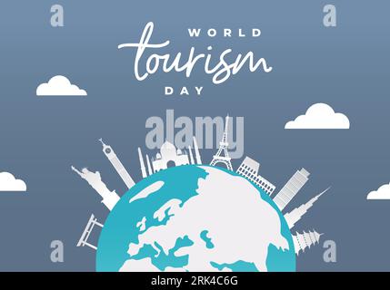 Affiche de bannière de fond de la journée mondiale du tourisme avec la terre et la construction de la ville le 27 septembre. Illustration de Vecteur
