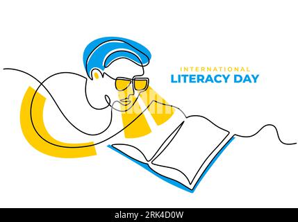 Une seule ligne continue de livre de lecture d'homme isolé sur fond blanc. Illustration de Vecteur