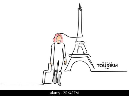 Une seule ligne continue de la journée mondiale du tourisme avec des vacances de fille. Illustration de Vecteur