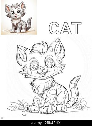A digital blank illustration of a cat for a coloring book with the colored image as a reference Banque D'Images