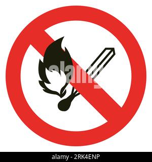 Flames forbidden sign. Round signage of a match with two colors, black and red, indicating what must not be done. Stock Photo