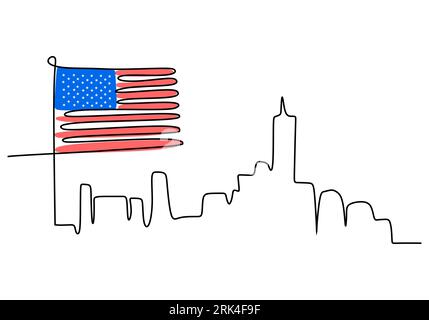 Une seule ligne continue de jour patriote avec paysage urbain et drapeau américain isolé sur fond blanc. Illustration de Vecteur