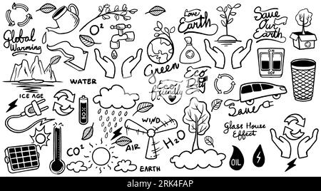 Ensemble d'icônes de doodle d'écologie dessiné à la main de sauver la terre isolé sur fond blanc. Illustration de Vecteur