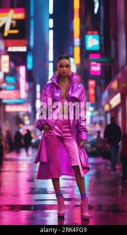 Une jeune femme portant une élégante robe rose y2k et un imperméable marchant dans une rue éclairée par des néons lumineux Banque D'Images