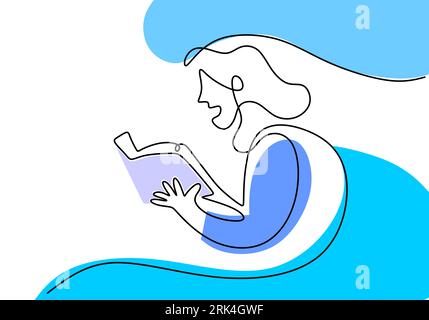 Une seule ligne continue de femme lire le livre isolé sur fond blanc. Illustration de Vecteur