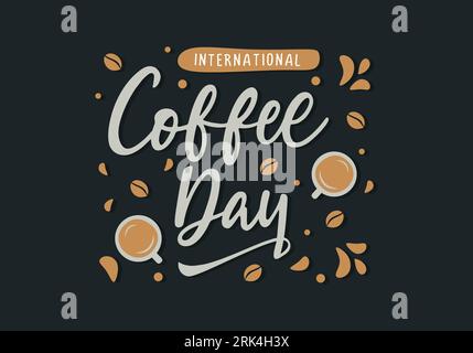 International coffee day background banner poster with cup and beans on dark color. Stock Vector