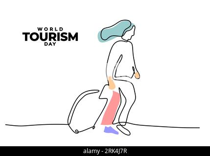 Une seule ligne continue de la journée mondiale du tourisme avec des vacances de fille. Illustration de Vecteur