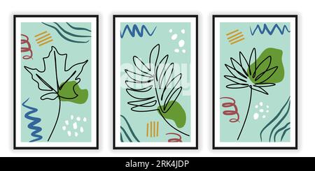 One line of three abstract floral posters isolated on white background. Hand drawing continuous line minimalism. Illustration de Vecteur