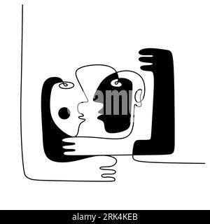 Main dessinant une ligne surréaliste visage primordial isolé sur fond blanc. Illustration de Vecteur