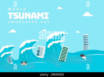 Fond de la journée mondiale de sensibilisation au tsunami avec bâtiment et vague. Illustration de Vecteur