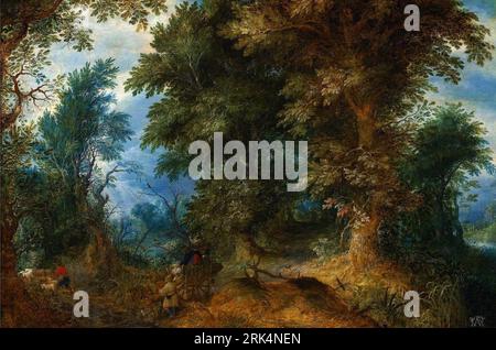 Paysage boisé avec des paysans traversant le gué. Circa 1619 par Abraham Govaerts Banque D'Images