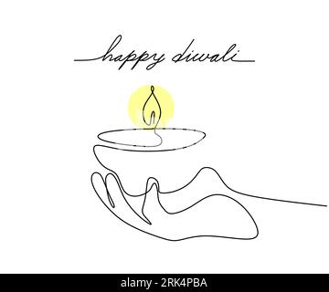 Une ligne de bougie sur la main diwali isolé sur fond blanc. Dessin à la main d'une seule ligne continue. Illustration de Vecteur