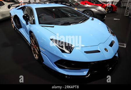 Front view of a Blue, Lamborghini Aventidore SV, on the Premier GT Stand, at the 2023 British Motor Show, Farnborough Stock Photo