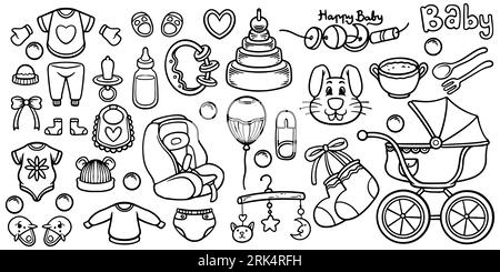 Hand drawn set of new born baby shower toys tool kit isolated on white background. Stock Vector