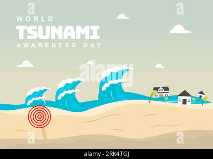 Fond de la journée mondiale de sensibilisation au tsunami avec vague et maisons. Illustration de Vecteur