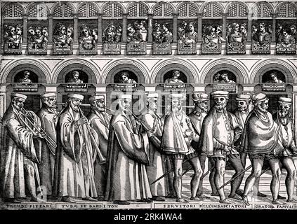 Procession du doge de Venise gravure sur bois 1555–1560 publié par Matteo Pagano Italie Rijksmuseum Amsterdam. Processions partie intégrante de la vie religieuse et civique vénitienne. L'État et l'église étaient inextricablement liés, le doge a servi non seulement comme chef du gouvernement civil, gouverneur de l'église ducale de Saint Mark’s, institution ecclésiastique importante de la ville. les processions célébrant des événements civiques ont toutes abouti à une sorte de service religieux. Banque D'Images