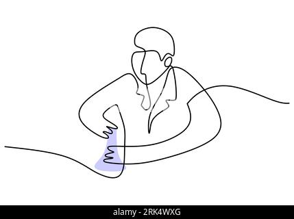 Main dessinant une seule ligne continue de scientifique faire l'expérience isolée sur fond blanc. Illustration de Vecteur
