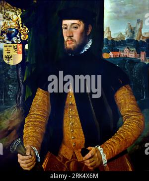 Rienck Cammingha entre ses armoiries et son château. La famille Cammingha y vivait au 16e siècle. Le château se trouvait à peu près à l'endroit où se trouve aujourd'hui le stade SC Cambuur. Et une partie de ses armoiries familiales avec un cerf et trois peignes, par Adriaen van Gronenburg 1552 Dutch, pays-Bas, Banque D'Images