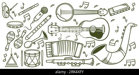 Musique dessinée à la main instruments classiques doodle ensemble d'icône isolé sur fond blanc. Illustration de Vecteur