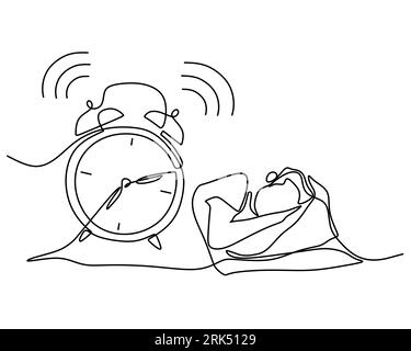Dessin à la main simple une ligne de réveil et homme endormi isolé sur fond blanc. Illustration de Vecteur