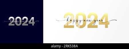 2024 Happy New Year lettering script logo design concept. Xmas greetings with golden number 2024 and calligraphy. Vector illustration Stock Vector