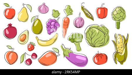 Fruits and vegetables collection in a line art, flat style. Mango, corn,, cherry, strawberry, eggplant, avocado, carrot. Vector illustration isolated Stock Vector