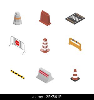 Éléments de conception en cours de construction. Ensemble de différents signes réparations de route, isolé sur fond blanc. Style isométrique plat, illustration vectorielle 3D. Illustration de Vecteur