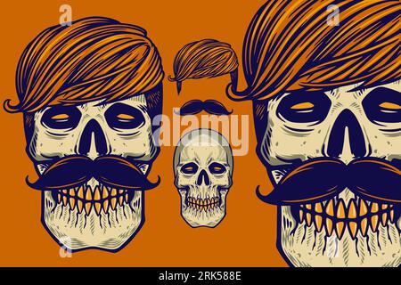 tête de crâne avec cheveux et moustache illustration vectorielle Illustration de Vecteur