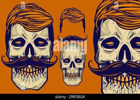 tête de crâne avec cheveux et moustache illustration vectorielle Illustration de Vecteur