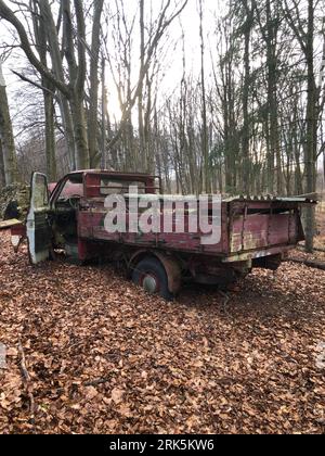 A rusty old, abandoned scrap truck in the middle of a forest Stock Photo