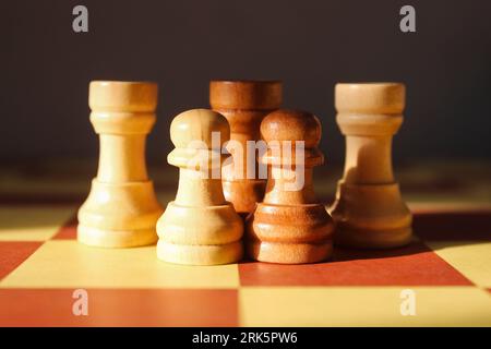 Une sélection de pièces d'échecs en bois positionnées sur une planche à damier à motifs Banque D'Images