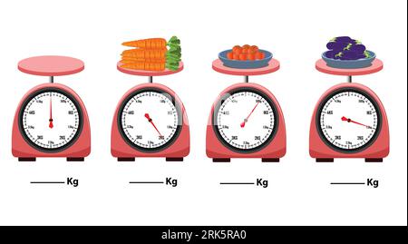 Échelle analogique. Balance carotte, tomate, brinjal. isolé sur fond blanc. balance de cuisine simple. illustration vectorielle. Mesure de l'échelle analogique Illustration de Vecteur