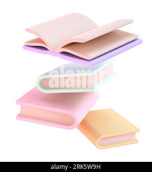 Pile 3D de livres tombant dans l'air et une icône de livre ouvert. Isolé avec un chemin de détourage. Rendre la littérature éducative. Lecture éducation retour à Banque D'Images