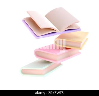 Pile 3D de livres tombant dans l'air et une icône de livre ouvert. Isolé avec un chemin de détourage. Rendre la littérature éducative. Lecture éducation retour à Banque D'Images