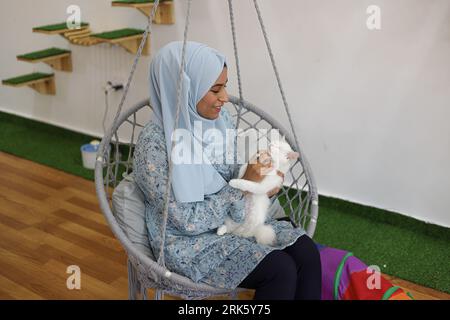 Gaza, Palestine. 24 août 2023. Premier café pour chats 'Meow Cat Cafe' dans la ville de Gaza, Palestine le 24 août 2023. Photo de Ramez Habboub/ABACAPRESS.COM crédit : Abaca Press/Alamy Live News Banque D'Images