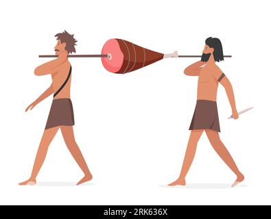 Primitive people with prey. Ancient hunting, stone old age lifestyle vector illustration Stock Vector