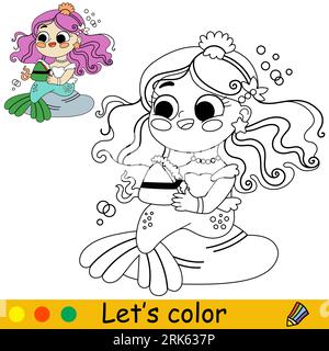 Sirène mignonne et heureuse avec un sandwich. Illustration en noir et blanc de dessin animé vectoriel. Page à colorier pour enfants avec un échantillon de couleur. Pour impression, design, affiche Illustration de Vecteur